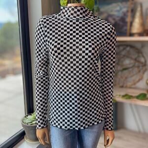 Jade by Jane Lillian Mesh Checkered Top #JJT6271 Mock Neck Sheer Black White S